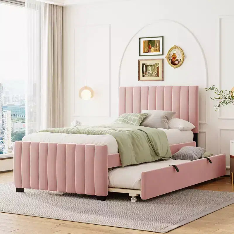 Bellemave Twin Bed Frame with Trundle Bed Velvet Upholstered Bed Frame Upholstered Platform Bed Twin for Kids Teens Adults Pink
