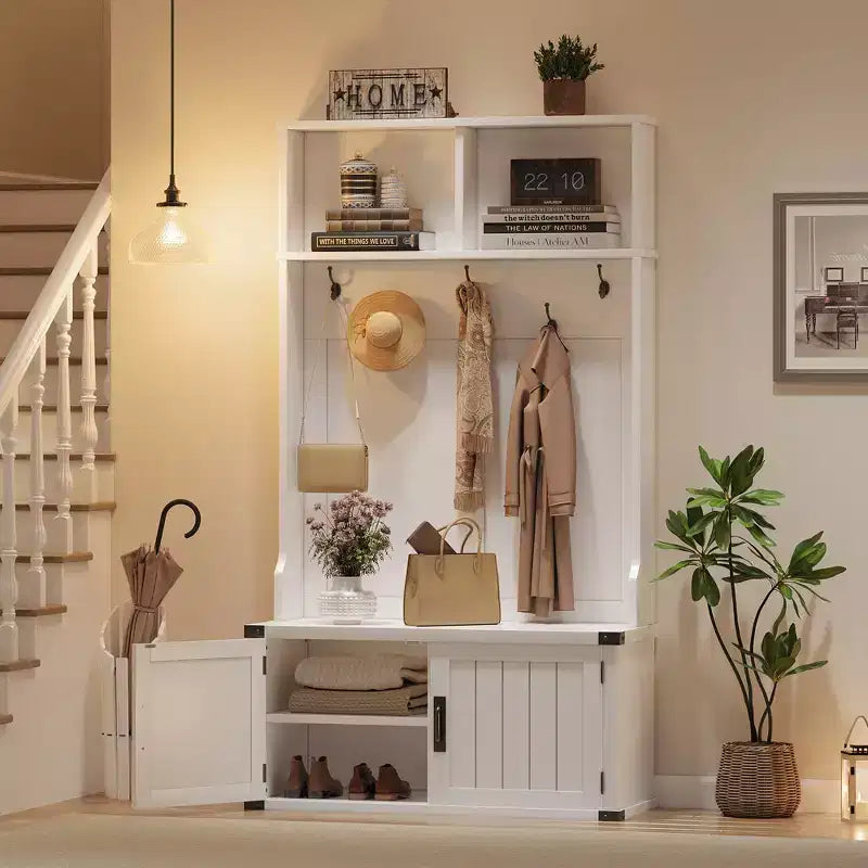 76 White Farmhouse Hall Tree with Bench Shoe Storage 5 Tri-Hooks Coat Rack Adjustable Shelf Mudroom Entryway Organizer Space-Saving White