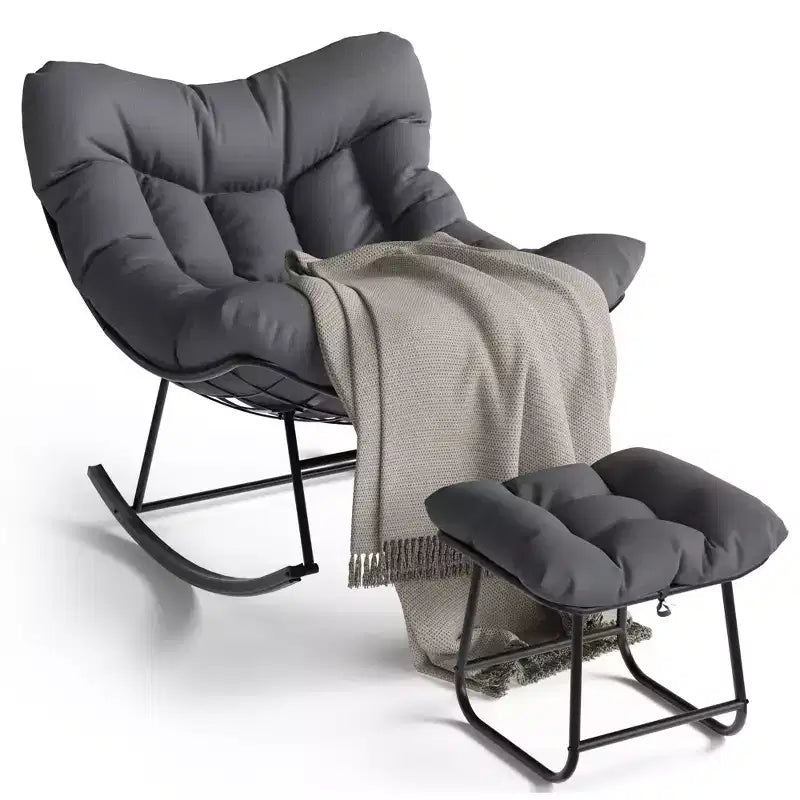 Lounge Chair with Footrest Indoor/Outdoor Rocking Chair with Ottoman and Metal Frame Patio Rattan Egg Rocker for Balcony Backyard Porch Bedroom