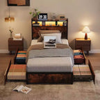 Karl Home Metal Platform Bed Frame with 2-Tier Storage Headboard with 4 Storage Drawers Built in Charging Station and LED