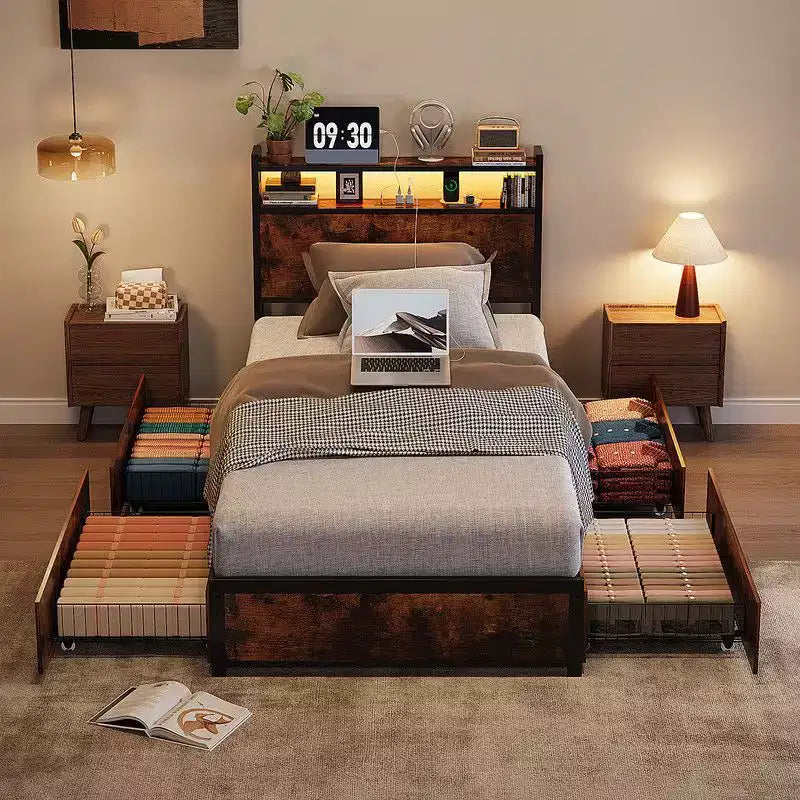 Karl Home Metal Platform Bed Frame with 2-Tier Storage Headboard with 4 Storage Drawers Built in Charging Station and LED