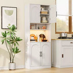 71.9Tall Arched Bookshelf 7 Tier Farmhouse Wood Storage Cabinet with RGB Light Barn Doors & 2 Open Shelves for Living Room Dining Room Bathroom