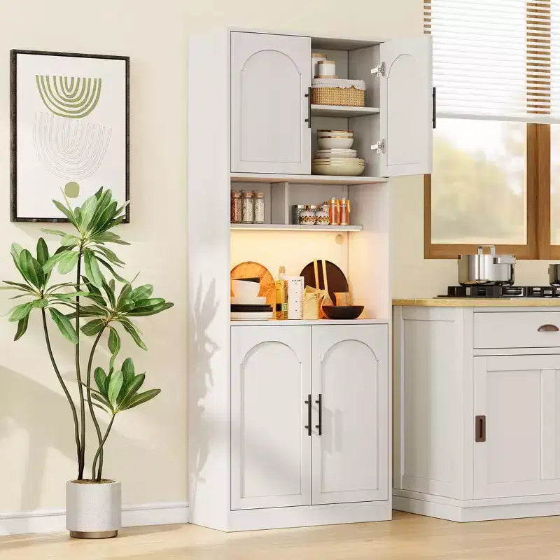 71.9Tall Arched Bookshelf 7 Tier Farmhouse Wood Storage Cabinet with RGB Light Barn Doors & 2 Open Shelves for Living Room Dining Room Bathroom