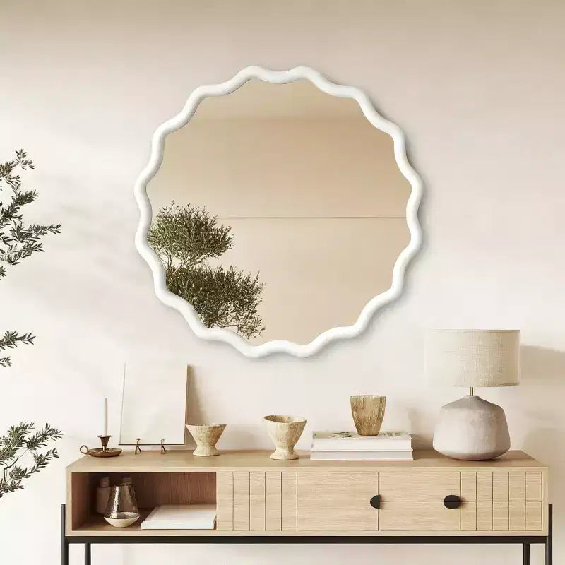 White 36 inch Wavy Round Solid Wood Frame Decorative Mirror For Bedroom Bathroom Living Room Entryway