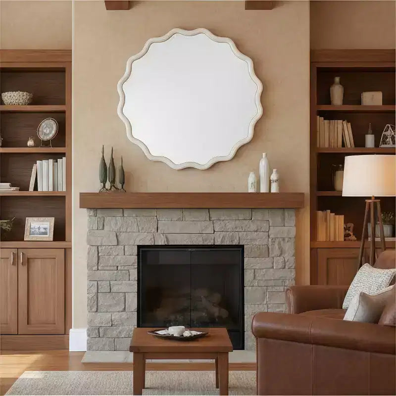 Miroir décoratif en bois massif avec cadre rond et ondulé blanc