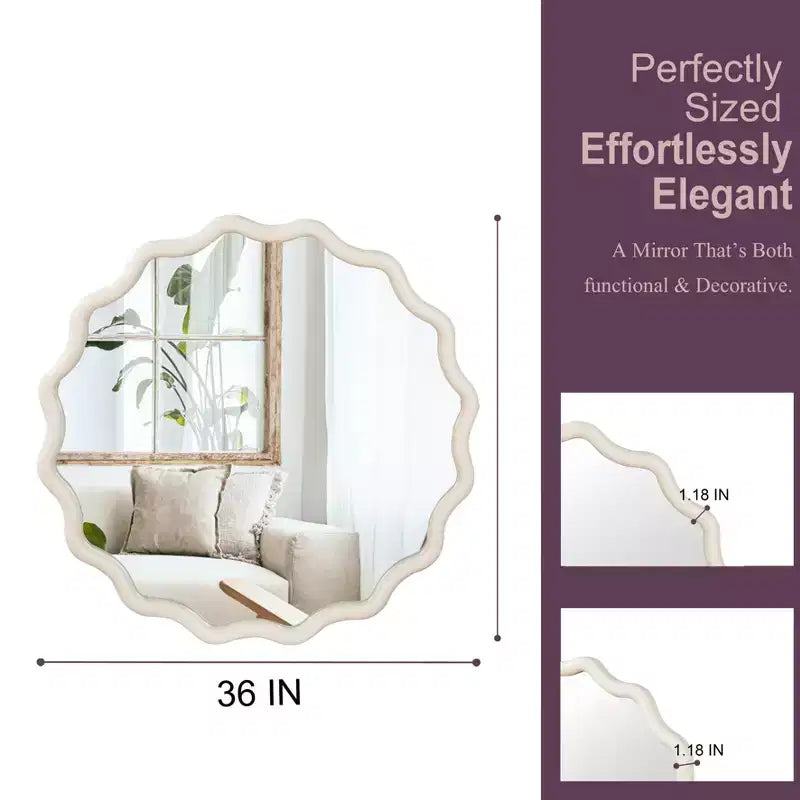 Miroir décoratif en bois massif avec cadre rond et ondulé blanc
