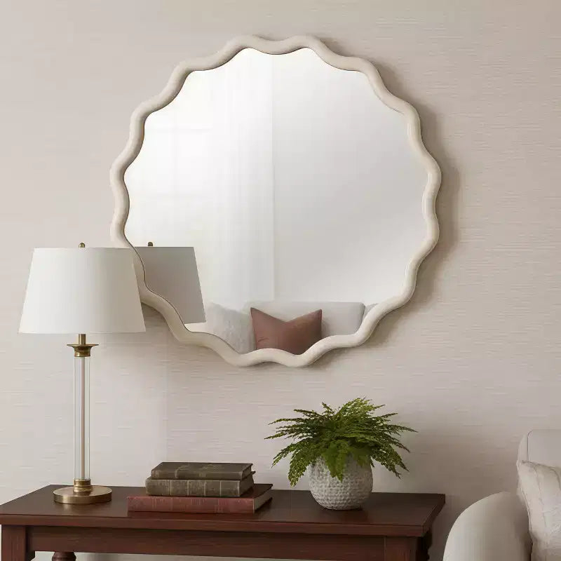 Miroir décoratif en bois massif avec cadre rond et ondulé blanc