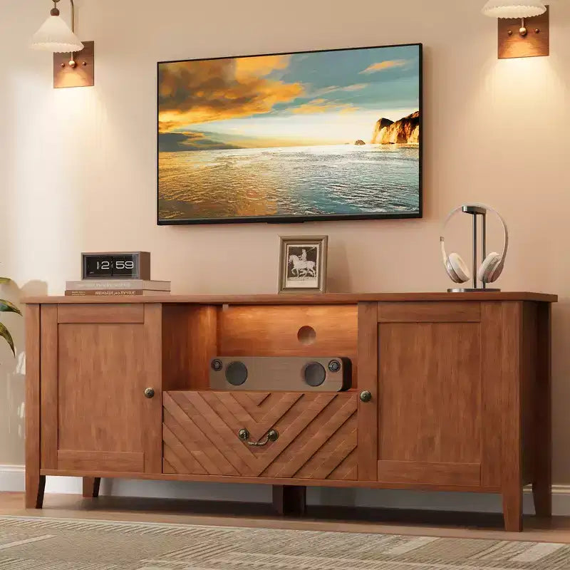 COZONY TV Stand with LED Lights Shaped Retro TV Console Table with 2 Storage Compartments & 1 Drawer Entertainment Center for Living Room