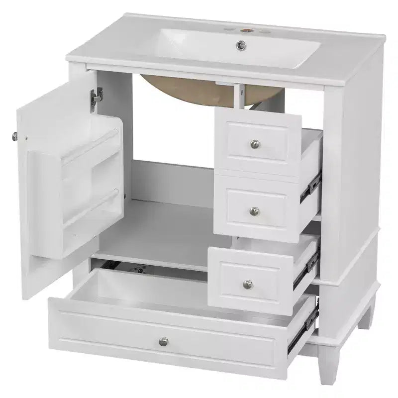 Okak 30 Inch Storage Cabinet Bathroom Vanity with Sink One Door with Shelf and Three Drawers Soft Close Door
