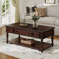 Farmhouse Coffee Table with Drawer Vintage Rectangle Center Table with Lockable Wheels for Living Room