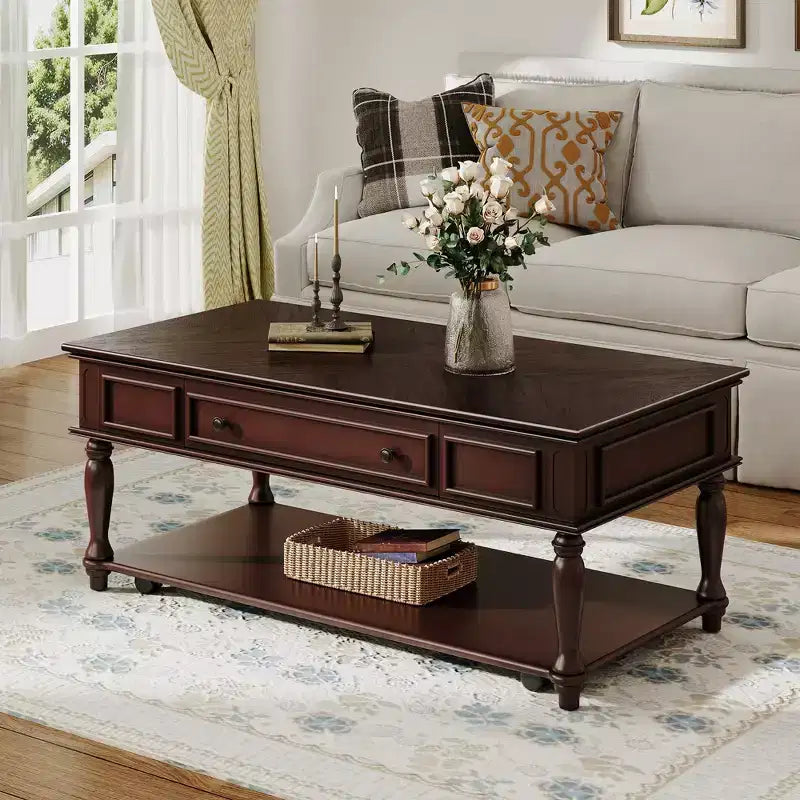 Farmhouse Coffee Table with Drawer Vintage Rectangle Center Table with Lockable Wheels for Living Room