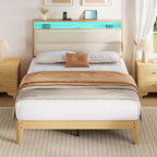 Bed Frame with Storage Headboard Wood Platform Bed Frame with Charging Station Wood Slats Support No Box Spring Needed