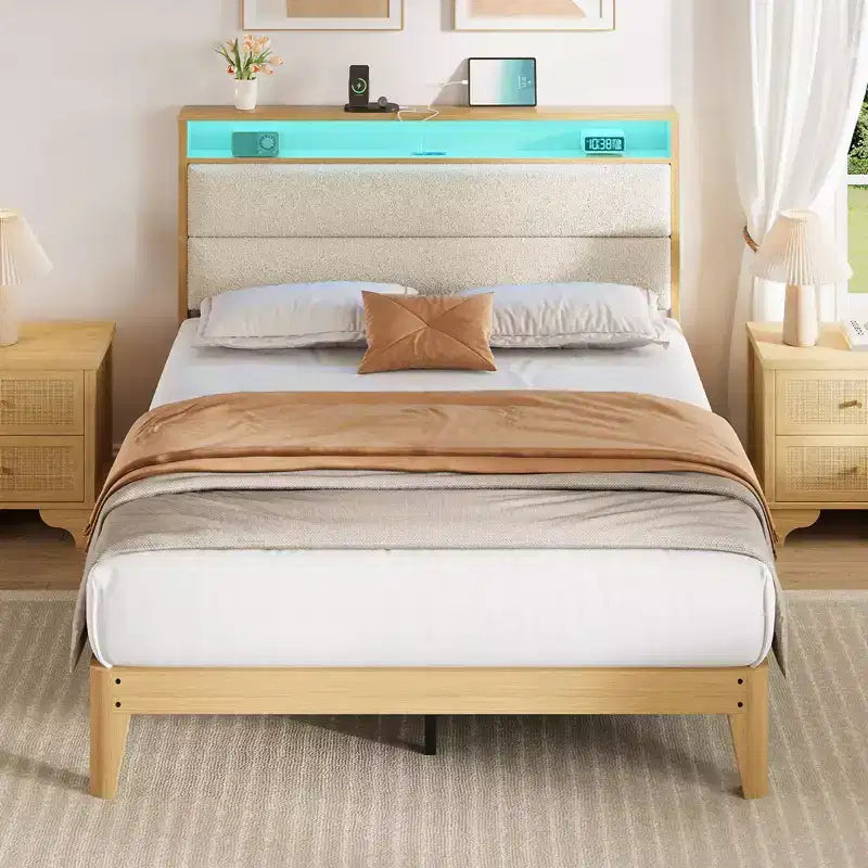 Bed Frame with Storage Headboard Wood Platform Bed Frame with Charging Station Wood Slats Support No Box Spring Needed