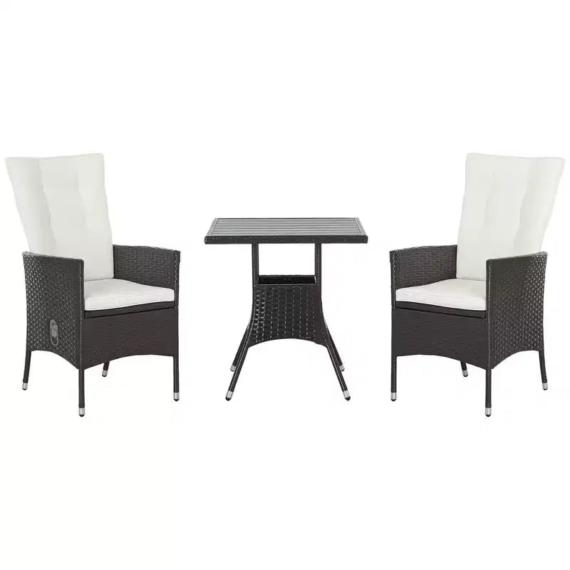 3 Piece Patio Bistro Set PE Wicker Furniture Conversation Set w/ Tufted Cushion Reclining Chairs & Coffee Table