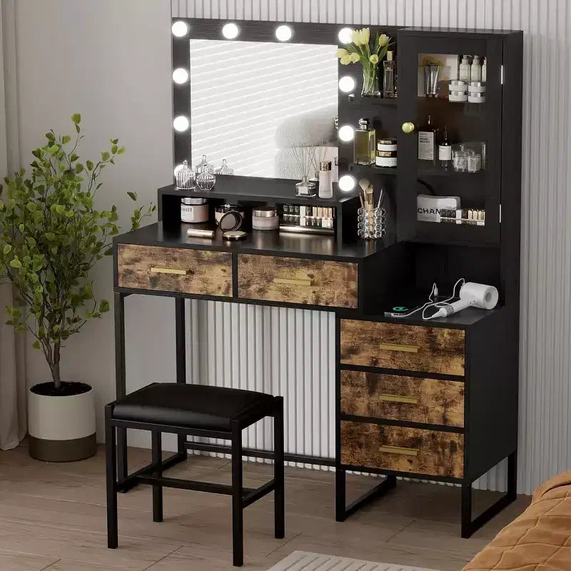Large Makeup Vanity and Stool Vanity Desk with Mirror and Lights Makeup Table with Charging Station Vanity Table with Drawers and LED Bulbs Black