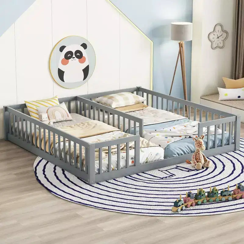TUYOHW Double Twin Size Toddler Floor Bed for Kids with Fence Modern Montessori Bed with Guardrails for Bedroom