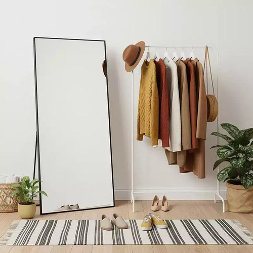 MAYEERTY Aluminum Full-Length Mirror 71x32in Black Right Angle Tempered Glass With Stand
