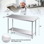 Table de préparation de cuisine professionnelle avec étagère inférieure réglable et patins de nivellement