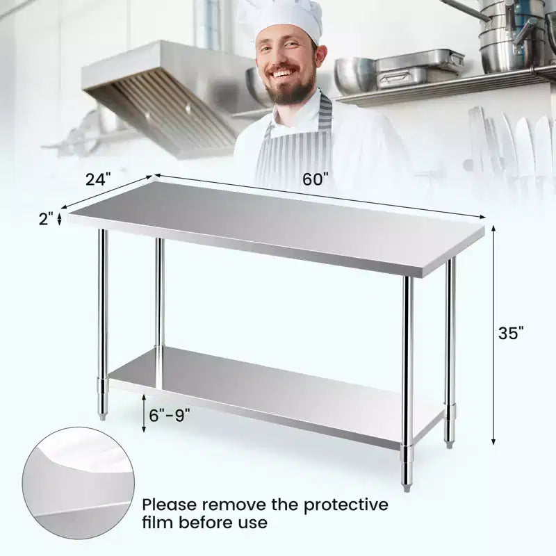 Table de préparation de cuisine professionnelle avec étagère inférieure réglable et patins de nivellement