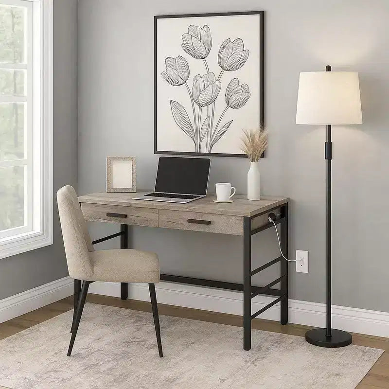 Bureau d'écriture avec port USB intégré, chêne vieilli et noir