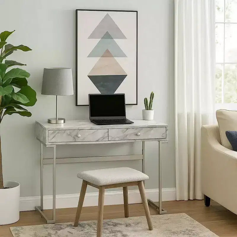 Bureau avec tiroirs et plateau effet marbre gris