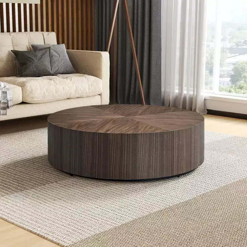MAYEERTY 35 Inch Modern Round Coffee Table Wood Veneer MDF Center Table for Living Room Small Space No Assembly Required Walnut