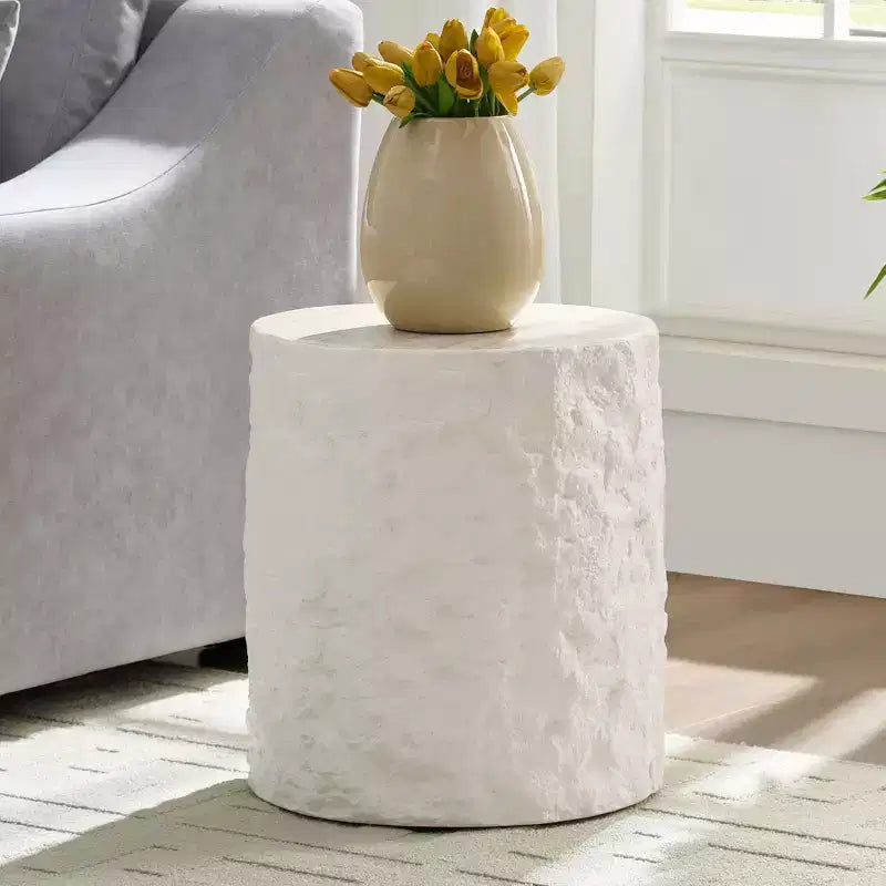 MAYEERTY 15.8 Inch Modern Imitation Stone Round Coffee Table Fiberglass End Table for Living Room Bedroom No Assembly Required