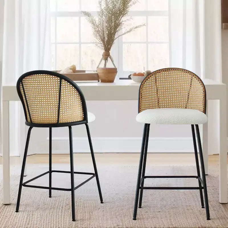 Set of 2 Modern Rattan Back Counter Stools Armless Boucl Fabric Seats with Metal Base Kitchen Island Stools Breakfast Bar Chairs-Panipeachy