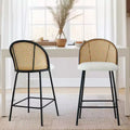 Set of 2 Modern Rattan Back Counter Stools Armless Boucl Fabric Seats with Metal Base Kitchen Island Stools Breakfast Bar Chairs-Panipeachy