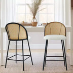 Set of 2 Modern Rattan Back Counter Stools Armless Boucl Fabric Seats with Metal Base Kitchen Island Stools Breakfast Bar Chairs-Panipeachy