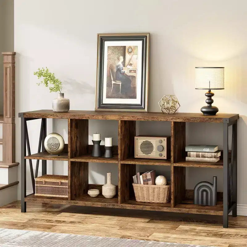8-Cube Storage Organizer & 62 Farmhouse Bookshelf - Modern Wood Bookcase with Cubes Long Storage Unit for Living Room Entryway Office